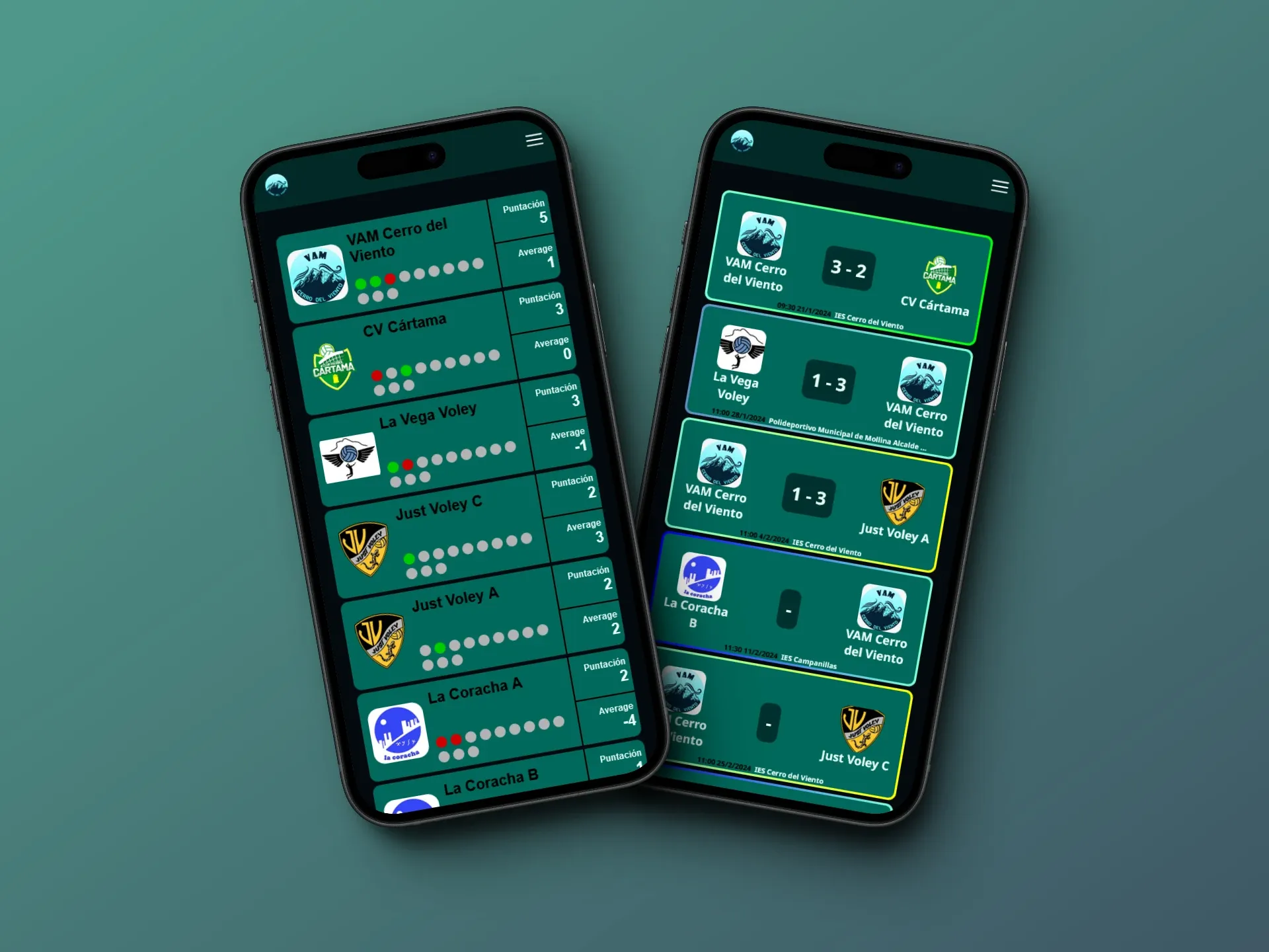 Capturas en formato movil. Los ultimos partidos y la clasificacion.